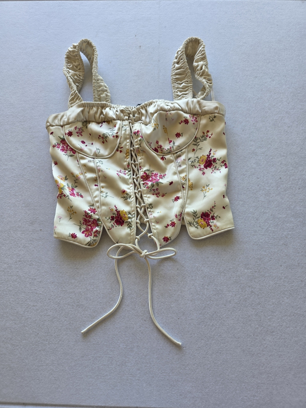 Forever 21 Cream Floral Lace-Up Corset Crop Top